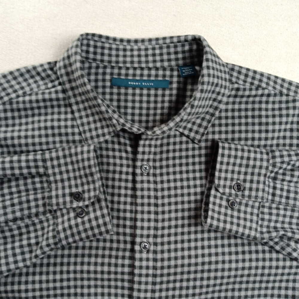 Perry Ellis Mens Gray Check Plaid Long Sleeve Medium Weight  Flannel Shirt - XL
